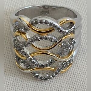 925 Sterling Silver Gold and Silver Wave Cocktail Ring size 8 3/4